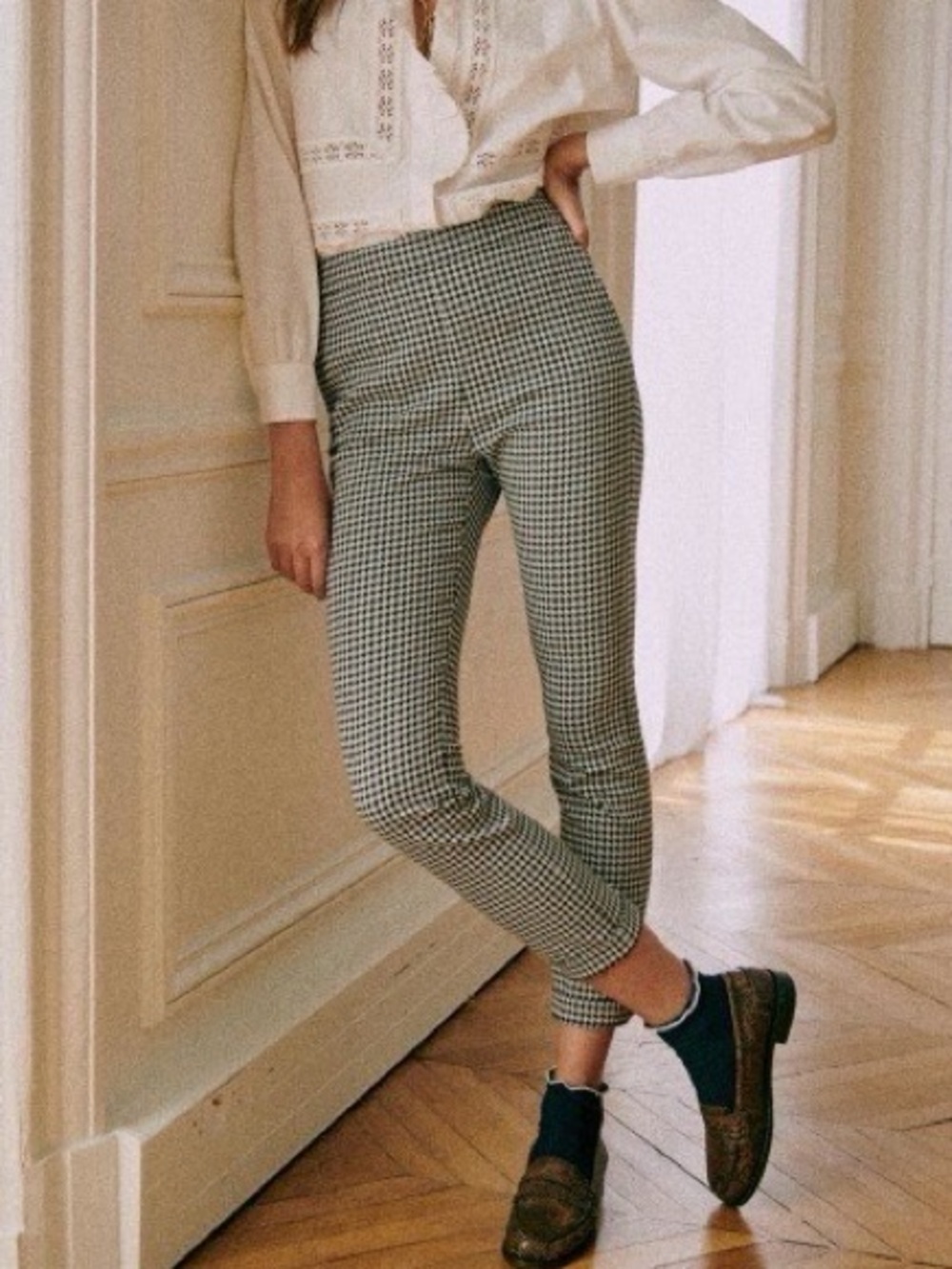 Sezane Clara Trousers Houndstooth High Waist Ankle Pants Black & White Size 6/8